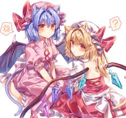 Rule 34 | 2girls, :o, ?, absurdres, anger vein, animal ear fluff, animal ears, ascot, ayatsuki sugure, back cutout, bat wings, blonde hair, blue hair, bow, cat ears, cat girl, cat tail, clothing cutout, crystal, dress, dress bow, extra ears, facing another, flandre scarlet, hair intakes, hat, hat ribbon, highres, kneeling, long hair, looking at viewer, looking back, mob cap, multiple girls, puffy sleeves, red dress, red eyes, remilia scarlet, ribbon, short hair, short sleeves, siblings, side ponytail, simple background, tail, touhou, twitter username, v-shaped eyebrows, white background, white bow, wings