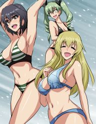 Rule 34 | 3girls, anchovy (girls und panzer), armpits, arms up, bikini, black hair, blank eyes, blonde hair, breasts, brown eyes, carpaccio (girls und panzer), closed eyes, drill hair, girls und panzer, green hair, hair ribbon, hifumi hajime, highres, large breasts, long hair, multiple girls, navel, open mouth, outdoors, pepperoni (girls und panzer), ribbon, short hair, snow, swimsuit, twintails