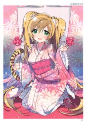 Rule 34 | 1girl, :d, absurdres, animal ears, blonde hair, blush, breasts, frill trim, frills, full body, green eyes, hair between eyes, head tilt, highres, japanese clothes, kasuga souichi, kimono, kneeling, long hair, long sleeves, looking at viewer, medium breasts, obi, open mouth, page number, sash, silhouette, smile, solo, sparkle, striped tail, tabi, tail, tiger ears, tiger tail, toranoana, twintails, very long hair, white legwear, wide sleeves