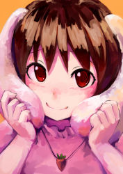 Rule 34 | 1girl, animal ears, brown hair, carrot, dress, female focus, first forest, hand on own ear, inaba tewi, jewelry, looking at viewer, orange background, pendant, pink dress, portrait, pulling own ear, rabbit ears, red eyes, smile, solo, touhou, upper body
