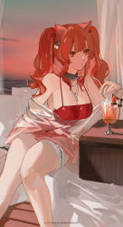 Rule 34 | 1girl, 2022, :t, angelina (arknights), angelina (summer flower) (arknights), animal ears, arknights, artist name, black collar, bracelet, breasts, brown eyes, brown hair, casual one-piece swimsuit, cleavage, collar, drink, drinking straw, feet out of frame, fox ears, fox girl, hair ornament, hairclip, highres, holding, holding drinking straw, infection monitor (arknights), jewelry, k00s, large breasts, long hair, necklace, official alternate costume, one-piece swimsuit, red one-piece swimsuit, ring, sarong, see-through sarong, sitting, solo, spaghetti strap, swimsuit, twintails, white sarong