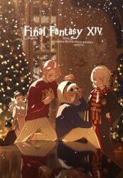 Rule 34 | 1girl, 4boys, :3, :d, azem (ff14), blue sweater, christmas, christmas tree, closed mouth, copyright name, crossover, emblem, emet-selch, final fantasy, final fantasy xiv, hakama, hakama pants, hand on own hip, harry potter (series), hermes (ff14), highres, hogwarts school uniform, holding, holding mask, hythlodaeus, japanese clothes, long sleeves, mask, meteion, migo45, multiple boys, open mouth, pants, parody, pink hair, red eyes, red sweater, scarf, school uniform, smile, snowing, striped clothes, striped scarf, sweater, venat (ff14), white hair, wizarding world, yellow eyes