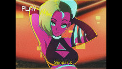 Rule 34 | 1girl, aqua hair, armpits, arms behind head, borrowed character, breasts, cleavage, cleavage cutout, clothing cutout, colored skin, dirty ero, english text, glitch, green eyes, green hair, highres, looking at viewer, moika (moikaloop), neon lights, original, purple skin, retro artstyle, solo, triangle mouth