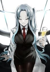 Rule 34 | 1girl, absurdres, angela (project moon), black jacket, black skirt, blue hair, breasts, brown pantyhose, champagne flute, coat, collared shirt, cup, drinking glass, highres, holding, holding cup, jacket, kasyoku bear, lab coat, large breasts, lobotomy corporation, long hair, necktie, one side up, pantyhose, parted bangs, project moon, red necktie, shirt, sidelocks, skirt, solo, very long hair, white coat, white shirt