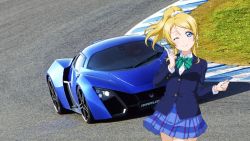 Rule 34 | 1girl, ;), artist name, artist request, ayase eli, black jacket, blonde hair, blue cardigan, blue eyes, blue jacket, blue skirt, blush, bow, bowtie, breasts, car, cardigan, checkered clothes, checkered skirt, clenched hand, collared shirt, female focus, green bow, hair between eyes, hair ornament, hair scrunchie, high ponytail, jacket, long hair, long sleeves, looking at viewer, love live!, love live! school idol project, marussia, marussia b2, miniskirt, motor vehicle, one eye closed, otonokizaka school uniform, parted lips, plaid, plaid skirt, pleated, pleated skirt, pointing, pointing up, ponytail, school uniform, scrunchie, shirt, short hair, short sleeves, skirt, small breasts, smile, solo, striped, striped bow, white scrunchie, white shirt, wink