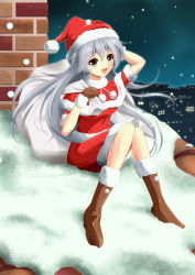 Rule 34 | 1girl, :d, arm behind head, arm up, blush, boots, brick wall, capelet, chimney, christmas, city, dress, fur-trimmed boots, fur-trimmed capelet, fur-trimmed dress, fur-trimmed gloves, fur-trimmed headwear, fur-trimmed sleeves, fur collar, fur trim, gloves, grey eyes, grey hair, hat, holding, holding sack, knees together feet apart, knees up, kyomei, lights, long hair, looking at viewer, night, night sky, open mouth, original, outdoors, over shoulder, pom pom (clothes), rooftop, sack, santa costume, santa hat, short sleeves, sitting, sky, smile, snow, snowing, solo, star (sky), starry sky, very long hair, winter