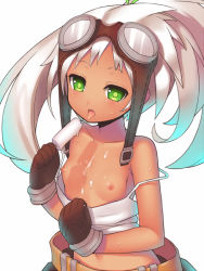 Rule 34 | 1girl, bare shoulders, blush, breasts, brown gloves, clothes pull, collarbone, dark-skinned female, dark skin, eating, echo (elsword), elsword, flat chest, food, gloves, goggles, goggles on head, kinjo kuromomo, long hair, navel, nipples, popsicle, sexually suggestive, shirt pull, simple background, small breasts, solo, tank top, tongue, tongue out, white background, white hair