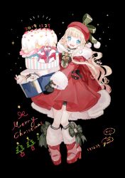Rule 34 | 1girl, :d, bad id, bad pixiv id, black background, black gloves, blonde hair, blue eyes, blush, boots, bow, bowtie, box, braid, cake, cape, christmas, commentary request, dated, dress, food, full body, fur-trimmed boots, fur-trimmed cape, fur-trimmed sleeves, fur trim, gift, gift box, gloves, green ribbon, hat, hat ribbon, holding, holding gift, long hair, looking at viewer, merry christmas, neck bell, open mouth, original, pom pom (clothes), red cape, red dress, red footwear, red hat, ribbon, santa dress, signature, smile, solo, standing, star (symbol), striped ribbon, stuffed animal, stuffed toy, yua (tick-tack)