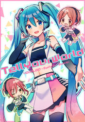 Rule 34 | 1girl, 2boys, 2wink (ensemble stars!), amagi hana, aoi hinata, aoi yuta, asymmetrical hair, belt, blue eyes, blue hair, brothers, brown hair, chibi, chibi inset, crop top, cropped vest, detached sleeves, ensemble stars!, hatsune miku, headphones, headset, highres, long hair, long sleeves, midriff, multicolored hair, multiple boys, musical note, nail polish, navel, one eye closed, open mouth, piano print, pink hair, see-through, see-through sleeves, short hair, siblings, skirt, smile, tell your world (vocaloid), thighhighs, twins, twintails, very long hair, vest, vocaloid, yellow eyes