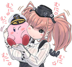 Rule 34 | 1girl, admiral (kancolle), anchor hair ornament, atlanta (kancolle), black eyes, black skirt, blouse, blush, breasts, cheek-to-cheek, crossover, earrings, fukidamari no peke, garrison cap, gloves, hair ornament, hat, heads together, high-waist skirt, holding, jewelry, kantai collection, kirby, kirby (series), large breasts, long hair, long sleeves, nintendo, non-human admiral (kancolle), one eye closed, open mouth, partially fingerless gloves, shirt, simple background, single earring, skirt, star (symbol), star earrings, suspender skirt, suspenders, twintails, two side up, white background, white shirt