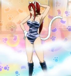 Rule 34 | 1girl, animal ears, arm behind head, armpits, arms up, bare shoulders, boots, breasts, cat tail, cleavage, earrings, erza scarlet, closed eyes, fairy tail, fake ears, gloves, hand on own hip, jewelry, ponytail, red hair, screencap, single earring, steam, tagme, tail
