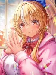 Rule 34 | 1girl, absurdres, blonde hair, dark skin, highres, hololive, looking at viewer, pointy ears, ponytail, red eyes, shiranui flare, smile, solo, virtual youtuber, wajuniorbox