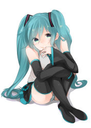 Rule 34 | 1girl, aqua eyes, aqua hair, boots, crossed legs, detached sleeves, female focus, full body, hatsune miku, highres, long hair, momoiro oji, necktie, panties, pantyshot, simple background, sitting, skirt, solo, striped clothes, striped panties, thigh boots, thighhighs, twintails, underwear, very long hair, vocaloid, white background