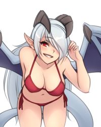 Rule 34 | 1girl, bad link, bare arms, bare shoulders, bikini, blue hair, breasts, cowboy shot, demon girl, demon horns, demon tail, demon wings, hair over one eye, hand in own hair, hand up, highres, horns, ilassa (elh), large breasts, leaning forward, lilim (monster girl encyclopedia), long hair, monorus, monster girl encyclopedia, navel, one eye covered, original, pink lips, pointy ears, red bikini, red eyes, second-party source, side-tie bikini bottom, simple background, smile, solo, spread wings, swimsuit, tail, white background, wings