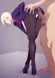 Rule 34 | 10s, 1boy, 1girl, ass, bent over, black pantyhose, blonde hair, blush, braid, buttjob, buttjob over clothes, censored, erection, hand on ass, hetero, high heels, jacket, kneepits, legs, light smile, lime (purple haze), long sleeves, looking at viewer, looking back, mado akira, miniskirt, mosaic censoring, panties, panties under pantyhose, pantyhose, pencil skirt, penis, purple footwear, purple jacket, purple shirt, shirt, shoes, short hair, skirt, smile, solo focus, standing, testicles, tokyo ghoul, underwear, white panties