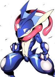 Rule 34 | creatures (company), fighting stance, game freak, gen 6 pokemon, greninja, highres, kaminari, looking at viewer, looking to the side, muscular, nintendo, pokemon, pokemon (creature), shiny skin, simple background, solo, standing, white background