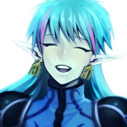 Rule 34 | 1boy, aqua hair, bishoujo senshi sailor moon, closed eyes, colored skin, earrings, fiore (sailor moon), green skin, jewelry, long hair, lowres, male focus, multicolored hair, pointy ears, portrait, simple background, smile, solo, two-tone hair, white background, zaku-ro
