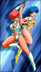 Rule 34 | 1980s (style), 2girls, action, blue eyes, blue hair, boots, breasts, cleavage, dirty pair, gloves, gun, headband, jumping, kei (dirty pair), large breasts, long hair, multiple girls, retro artstyle, open mouth, orange eyes, red hair, retro artstyle, shingyouji tatsuya, short hair, weapon, yuri (dirty pair)