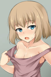 Rule 34 | 10s, 1girl, bare shoulders, blonde hair, blue eyes, breasts, clothes pull, collarbone, eyebrows, girls und panzer, green background, katyusha (girls und panzer), kuragari, looking at viewer, nipples, no bra, off shoulder, pulling own clothes, shirt pull, short hair, simple background, sleeveless, small breasts, solo, strap pull, sweatdrop, tank top, upper body