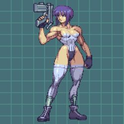 Rule 34 | 1girl, bare shoulders, black footwear, black gloves, breasts, clenched hand, closed mouth, collarbone, covered navel, cyborg, fingerless gloves, ghost in the shell, gloves, grid, grid background, gun, holding, holding gun, holding weapon, kusanagi motoko, leotard, muscular, muscular female, omegachaino, pixel art, purple eyes, purple hair, revealing clothes, short hair, solo, standing, thighhighs, weapon, white thighhighs