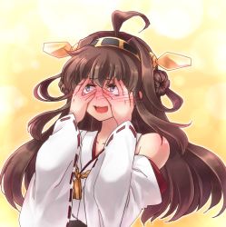 Rule 34 | 10s, 1girl, ahoge, bare shoulders, blush, brown hair, commentary, detached sleeves, embarrassed, full-face blush, hairband, hands on own cheeks, hands on own face, hanjuku tomato, headgear, kantai collection, kongou (kancolle), long hair, nontraditional miko, open mouth, peeking, purple eyes, ribbon-trimmed sleeves, ribbon trim, solo