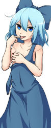 Rule 34 | 1girl, bad id, bad pixiv id, bare shoulders, blue eyes, blue hair, bow, cirno, covering privates, covering breasts, flat chest, hair bow, kinakomoti, licking, licking finger, long image, looking at viewer, matching hair/eyes, naughty face, off shoulder, short hair, simple background, solo, tall image, tongue, touhou