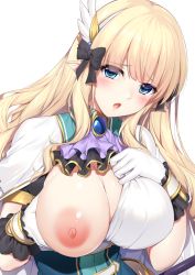 Rule 34 | 1girl, blonde hair, blue eyes, blush, bow, breasts, cleavage, elf, gloves, hair bow, large breasts, long hair, looking at viewer, minamon (vittel221), nipples, open mouth, pointy ears, princess connect!, saren (princess connect!), short sleeves, simple background, solo, white background