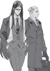 Rule 34 | 2boys, alternate costume, briefcase, coat, fate (series), formal, frown, gloves, greyscale, hair slicked back, hands in pockets, highres, hya (ohyaarin), kayneth el-melloi archibald, long hair, lord el-melloi ii, monochrome, multiple boys, necktie, overcoat, suit, symbol-only commentary, waver velvet