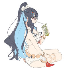 Rule 34 | 1girl, absurdres, belly chain, bikini, blue-tinted eyewear, bracelet, colored inner hair, cup, eyeliner, fate/grand order, fate (series), frilled bikini, frills, grey eyes, high ponytail, highres, holding, holding cup, jewelry, kaigan0211, looking over eyewear, makeup, multicolored hair, round eyewear, solo, sunglasses, swimsuit, tenochtitlan (fate), tenochtitlan (swimsuit mooncancer) (fate), tenochtitlan (swimsuit mooncancer) (first ascension) (fate), thighlet, tinted eyewear, white background, white bikini