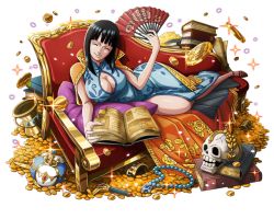 Rule 34 | black hair, blue dress, bodskih, book, breasts, china dress, chinese clothes, cleavage, cleavage cutout, closed eyes, clothing cutout, coin, couch, crown, dress, hand fan, head tilt, hip focus, holding, holding fan, jewelry, large breasts, long hair, lying, necklace, nico robin, on side, one piece, one piece treasure cruise, open book, shiny skin, skull, sleeveless, sleeveless dress, smile, solo, sparkle, thick thighs, thighs, transparent background, unworn crown, unworn jewelry, unworn necklace