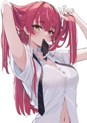 Rule 34 | 1girl, absurdres, adjusting hair, alternate costume, bra visible through clothes, breasts, cleavage, heterochromia, highres, hololive, houshou marine, large breasts, long hair, navel, necktie, open clothes, open shirt, puripuri, red eyes, red hair, shirt, silhouette, simple background, solo, unfinished, upper body, virtual youtuber, white background, white shirt, yellow eyes