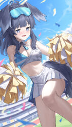 Rule 34 | 1girl, absurdres, animal ears, bare shoulders, black hair, blue archive, blue eyes, breasts, cheerleader, cleavage, crop top, dog ears, dog girl, dog tail, goggles, goggles on head, halo, hibiki (blue archive), hibiki (cheer squad) (blue archive), highres, holding, holding pom poms, mansu (user pnmp4287), medium breasts, millennium cheerleader outfit (blue archive), official alternate costume, pom pom (cheerleading), pom poms, skirt, solo, star sticker, sticker on arm, tail, white skirt, yellow halo