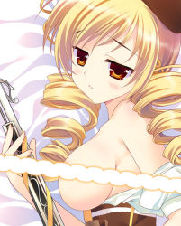 Rule 34 | 10s, 1girl, bare shoulders, beret, blonde hair, blush, body blush, breasts, censored, convenient censoring, corset, drill hair, gun, hair ornament, hairpin, hat, large breasts, magical girl, magical musket, mahou shoujo madoka magica, mahou shoujo madoka magica (anime), on bed, rei (rei&#039;s room), ribbon, rifle, solo, tomoe mami, twin drills, upper body, weapon, yellow eyes