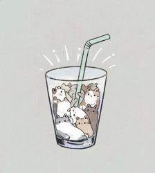 Rule 34 | animal focus, ayu (mog), cat, commentary, cup, drinking glass, drinking straw, grey background, highres, no humans, original, signature, simple background, symbol-only commentary, too many, too many cats