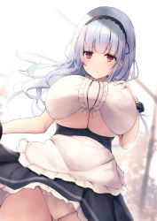 Rule 34 | 1girl, apron, azur lane, black skirt, blunt bangs, breasts, center frills, choker, clothes lift, clothing cutout, collar, commentary request, dido (azur lane), expressionless, frilled apron, frilled choker, frilled hairband, frilled sleeves, frills, hairband, highres, large breasts, liya, lolita hairband, long hair, looking at viewer, maid, miniskirt, panties, parted lips, purple eyes, shirt, silver hair, skirt, skirt lift, sleeveless, sleeveless shirt, solo, thighhighs, underboob, underboob cutout, underbust, underwear, waist apron, white apron, white panties, white shirt, white thighhighs