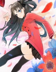 Rule 34 | 1girl, black hair, black ribbon, black skirt, black thighhighs, blue eyes, blue flower, buttons, chain, chienon, closed mouth, fate/stay night, fate (series), flower, hair ribbon, highres, jacket, long hair, long sleeves, miniskirt, orange flower, orange scarf, painting (medium), petals, pleated skirt, red jacket, ribbon, scarf, skirt, solo, thighhighs, thighs, tohsaka rin, traditional media, two side up, watercolor (medium), zettai ryouiki