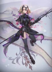 Rule 34 | 1girl, armor, bad id, bad pixiv id, banner, capelet, dress, fate/grand order, fate (series), faulds, flag, full body, gauntlets, headpiece, hxxg, jeanne d&#039;arc (fate), jeanne d&#039;arc alter (avenger) (fate), jeanne d&#039;arc alter (fate), looking at viewer, orange eyes, short hair, skirt, solo, thighhighs, torn clothes, torn dress