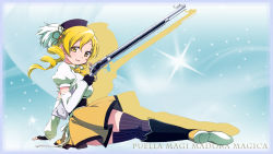 Rule 34 | 10s, 1girl, arm support, blonde hair, copyright name, detached sleeves, drill hair, gun, hair ornament, highres, magical girl, magical musket, mahou shoujo madoka magica, mahou shoujo madoka magica (anime), official art, solo, taniguchi jun&#039;ichirou, thighhighs, tomoe mami, twin drills, twintails, weapon, yellow eyes
