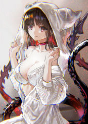 Rule 34 | 1girl, bare shoulders, bra, breasts, brown hair, choker, cleavage, closed mouth, collarbone, dragon girl, dragon horns, dragon tail, hands up, highres, hood, hood up, horns, large breasts, long sleeves, looking at viewer, multicolored hair, off shoulder, open clothes, original, puffy long sleeves, puffy sleeves, purple eyes, ran&#039;ou (tamago no kimi), red hair, smile, solo, tail, two-tone hair, underwear, upper body, white bra