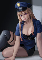 1girl black_thighhighs blonde_hair breasts color_study hat highres kitagawa_marin long_hair looking_at_viewer pink_eyes police police_hat police_uniform policewoman riz single_thighhigh sketch smile solo sono_bisque_doll_wa_koi_wo_suru thigh_strap thighhighs