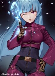 Rule 34 | 1girl, akisa yositake, belt, blue hair, bodysuit, breasts, gloves, hand on own hip, ice, kula diamond, lips, long hair, looking at viewer, medium breasts, one eye closed, red eyes, simple background, snowflake background, solo, the king of fighters, the king of fighters xv, turtleneck, yellow gloves