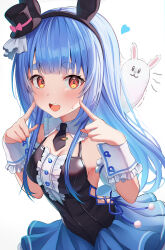 Rule 34 | 1girl, absurdres, animal ears, black hat, black necktie, blue hair, blue skirt, breasts, carrot pin, chameleon (chameleon0613), detached collar, detached sleeves, fake animal ears, fingers to cheek, frills, hat, heart, highres, hololive, leaning forward, light blush, long hair, looking at viewer, medium breasts, mini hat, necktie, official alternate hairstyle, open mouth, orange eyes, pekomon (usada pekora), pleated skirt, rabbit-shaped pupils, short eyebrows, sidelocks, simple background, skirt, smile, solo, spaghetti strap, straight hair, sweatdrop, symbol-shaped pupils, teeth, thick eyebrows, upper body, upper teeth only, usada pekora, usada pekora (furi furi bunny dress), virtual youtuber, white background, wrist cuffs