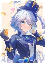 Rule 34 | 1girl, ;), ahoge, ascot, asymmetrical gloves, black gloves, blue ascot, blue eyes, blue hair, blue hat, blue jacket, brooch, cake, commentary, food, furina (genshin impact), genshin impact, gloves, hands up, hat, heart, heart ahoge, highres, holding, holding food, jacket, jewelry, long hair, long sleeves, looking at viewer, mismatched gloves, one eye closed, shirt, smile, sola num 5130, solo, top hat, upper body, very long hair, white gloves, white shirt