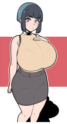 Rule 34 | 1girl, absurdres, bare shoulders, black bra, black choker, black hair, blunt bangs, blush, borrowed character, bra, bra strap, breast suppress, breasts, brown skirt, choker, closed mouth, commentary, english commentary, feet out of frame, flat color, grey hair, hand on own chest, highres, huge breasts, jam-orbital, looking at viewer, mole, mole under eye, multicolored hair, original, outline, pencil skirt, pixie cut, purple eyes, shirt, short hair, sidelocks, simple background, skirt, solo, standing, tera (aurahack), two-tone hair, underwear, white outline, yellow shirt