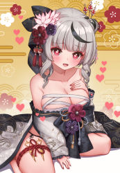 Rule 34 | 1girl, absurdres, artist request, bad id, bad pixiv id, bare shoulders, black hair, blush, breasts, cleavage, collarbone, floral background, flower, hair flower, hair ornament, hand on own chest, heart, heart-shaped pupils, highres, hololive, holox, japanese clothes, kimono, large breasts, looking at viewer, medium hair, multicolored hair, nail polish, off shoulder, open mouth, red eyes, sakamata chloe, sakamata chloe (new year), sarashi, silver hair, sitting, solo, streaked hair, symbol-shaped pupils, virtual youtuber, wariza, x hair ornament