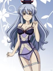 Rule 34 | 1girl, blue background, blue bodysuit, blue hair, blush, bodysuit, bow, brown eyes, cameltoe, embarrassed, floral print, flower, garter straps, hat, kamishirasawa keine, lace, laces, lingerie, long hair, red bow, remyfive, shy, smile, solo, touhou, underwear, wavy hair