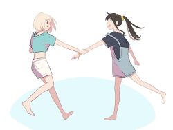 Rule 34 | 2girls, bare legs, barefoot, black hair, black shirt, blonde hair, blue background, blue shirt, bracelet, closed eyes, commentary request, full body, holding hands, inoue takina, jewelry, long hair, looking at another, lycoris recoil, medium hair, midriff, multiple girls, nishikigi chisato, open mouth, overalls, parted lips, ponytail, red eyes, shiratama draw, shirt, short sleeves, shorts, smile, two-tone background, white background, white shorts