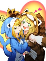 Rule 34 | 2girls, absurdres, alternate costume, animal costume, blonde hair, feet out of frame, grand admiral marina, green eyes, grin, guardian tales, heart, highres, jiki (gkdlfnzo1245), knight lady lapice, multiple girls, multiple views, open mouth, shark costume, simple background, smile, tanuki costume