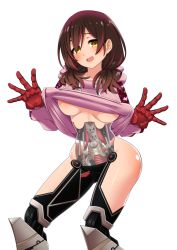 Rule 34 | 1girl, android, artificial vagina, blush, breasts, brown hair, clothes lift, highres, hololive, joints, mechanical parts, mechanical pussy, medium breasts, medium hair, multicolored hair, mungo biko, open mouth, roboco-san, roboco-san (hoodie), robot joints, see-through, see-through body, sex toy, shiny skin, shirt lift, smile, solo, streaked hair, virtual youtuber, yellow eyes