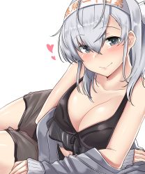 Rule 34 | 1girl, absurdres, arm support, arm under breasts, bikini, black bikini, blue eyes, blush, breasts, cleavage, closed mouth, clothes writing, collarbone, grey jacket, hair between eyes, headband, heart, highres, jacket, kantai collection, kiritto, large breasts, long sleeves, looking at viewer, sarong, see-through, simple background, smile, solo, suzutsuki (kancolle), swimsuit, white background, white headband